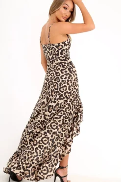 Rebellious Fashion Leopard Split Front Ruffle Hem Maxi Dress - Kaela