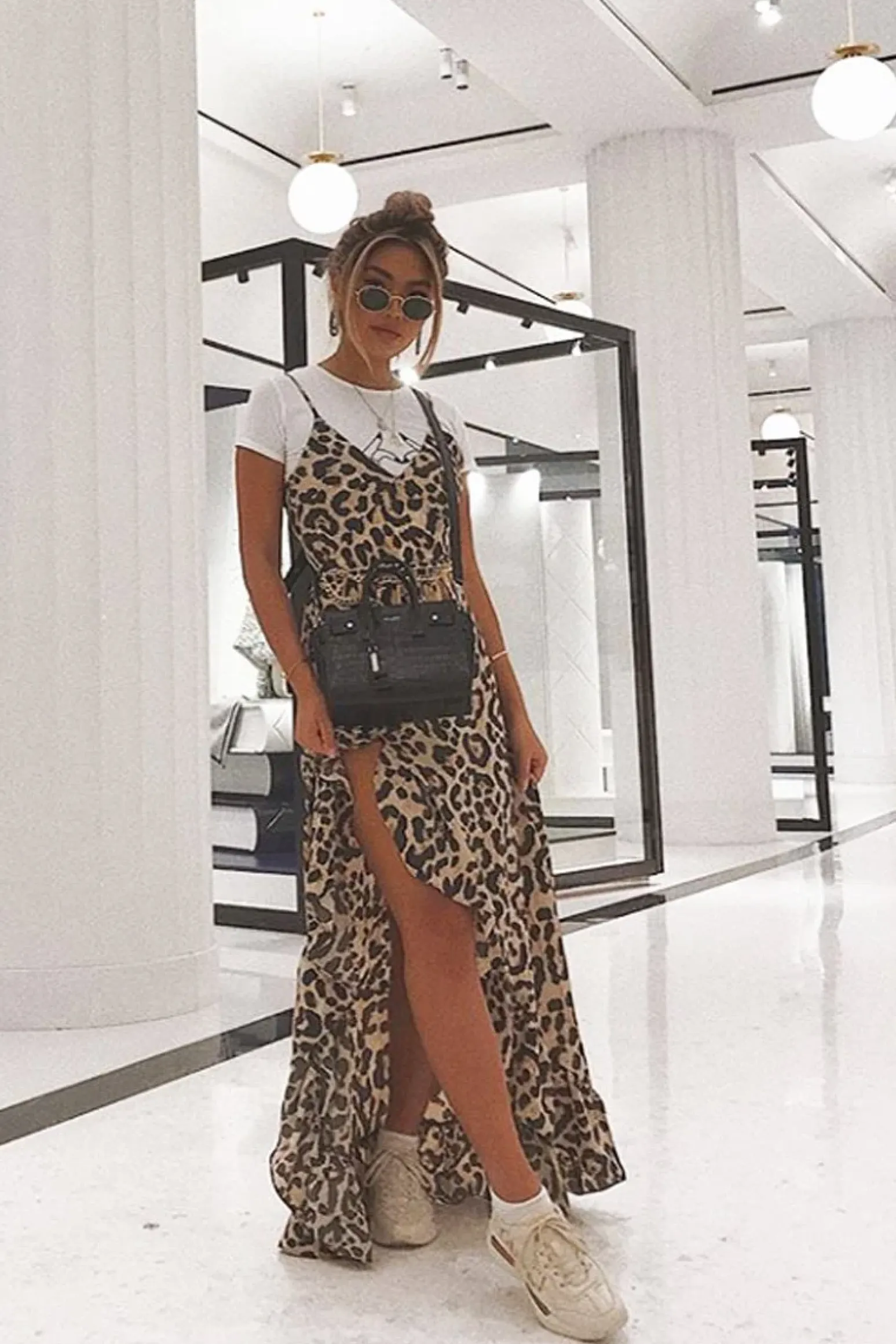 Rebellious Fashion Leopard Split Front Ruffle Hem Maxi Dress - Kaela