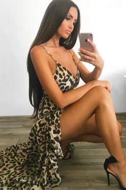 Rebellious Fashion Leopard Split Front Ruffle Hem Maxi Dress - Kaela