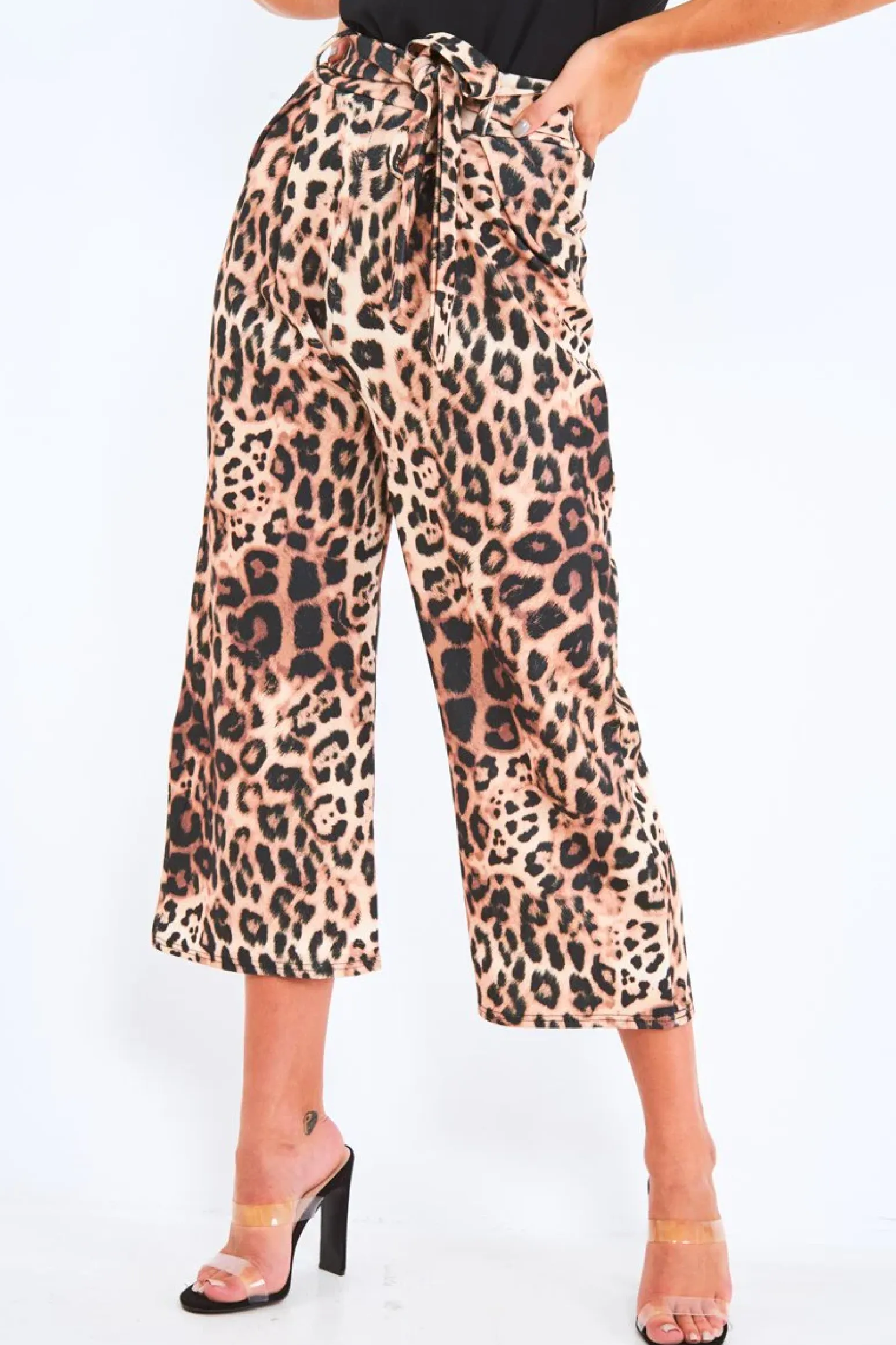 Rebellious Fashion Leopard Tie Waist Culotte Trousers - Meika