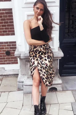 Rebellious Fashion Leopard Wrap Tie Side Satin Midi Skirt - Mailah