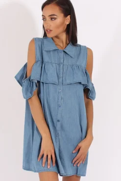Rebellious Fashion Light Blue Cold Shoulder Denim Dress - Torrie