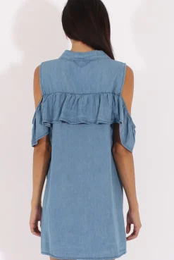 Rebellious Fashion Light Blue Cold Shoulder Denim Dress - Torrie