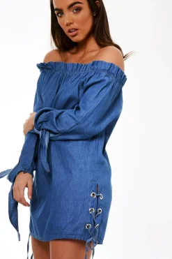 Rebellious Fashion Light Blue Denim Bardot Mini Dress - Elisha