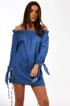 Rebellious Fashion Light Blue Denim Bardot Mini Dress - Elisha