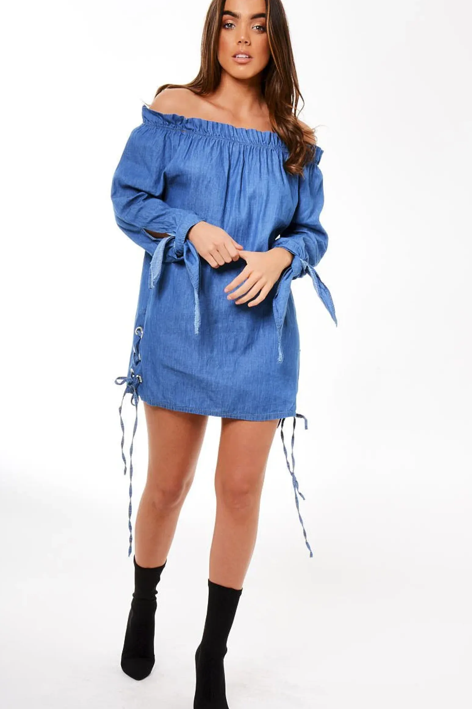 Rebellious Fashion Light Blue Denim Bardot Mini Dress - Elisha