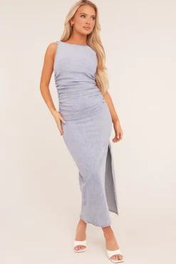Rebellious Fashion Light Blue Stretch Denim Ruched Side Slit Maxi Dress - Ashleigh
