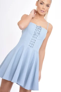 Rebellious Fashion Light Denim Lace Up Strappy Skater Dress - Xanthe