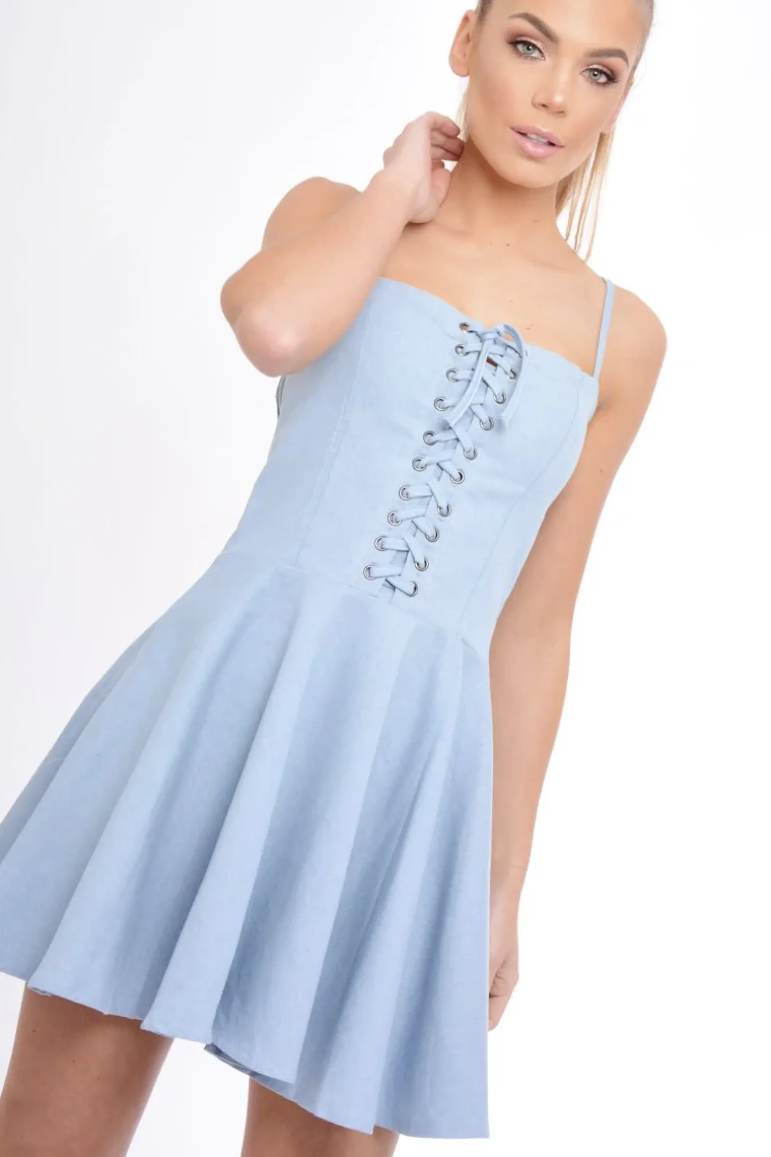 Rebellious Fashion Light Denim Lace Up Strappy Skater Dress - Xanthe