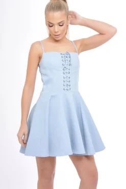 Rebellious Fashion Light Denim Lace Up Strappy Skater Dress - Xanthe