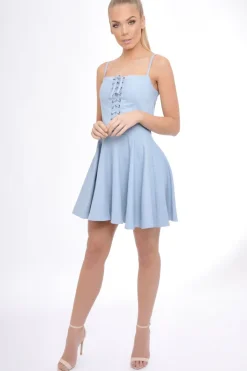Rebellious Fashion Light Denim Lace Up Strappy Skater Dress - Xanthe