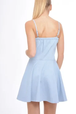 Rebellious Fashion Light Denim Lace Up Strappy Skater Dress - Xanthe