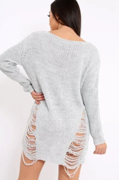 Rebellious Fashion Light Grey Distressed Jumper Dress - Kim