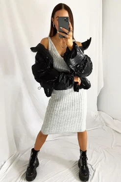 Rebellious Fashion Light Grey Strappy Knit Midi Dress - Graciella