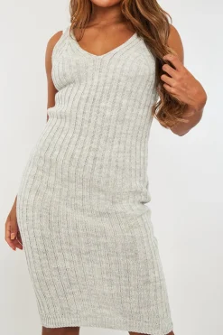 Rebellious Fashion Light Grey Strappy Knit Midi Dress - Graciella