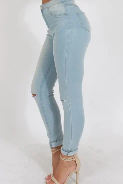 Rebellious Fashion Light Acid Ripped Knee Skinny Jeans - Revon