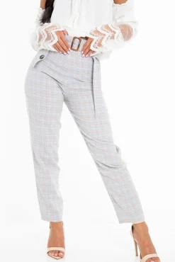 Rebellious Fashion Light Blue and Brown Check Tapered Trousers - Caddy