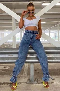 Rebellious Fashion Light Blue Ankle Tie Straight Leg Jeans - Jasmine