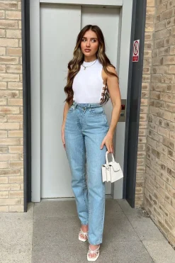 Rebellious Fashion Light Blue Asymmetric Waist Straight Jeans - Galina