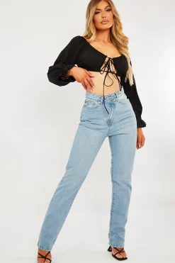 Rebellious Fashion Light Blue Asymmetric Waist Straight Jeans - Galina