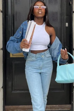Rebellious Fashion Light Blue Asymmetric Waist Straight Jeans - Galina