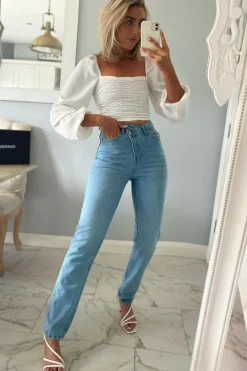 Rebellious Fashion Light Blue Asymmetric Waist Straight Jeans - Galina