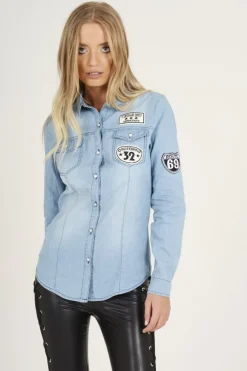 Rebellious Fashion Light Blue Badge Denim Shirt - Blake