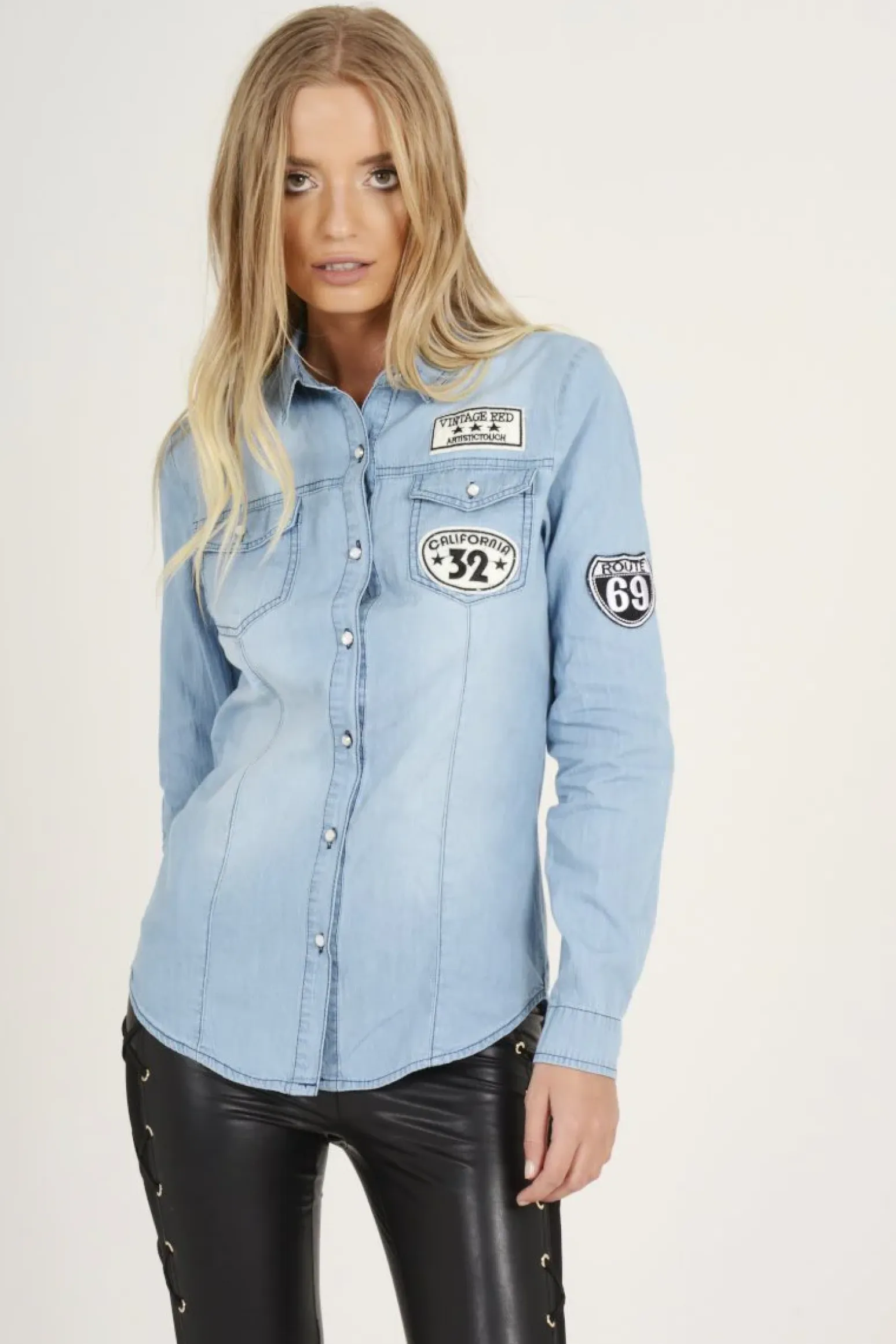 Rebellious Fashion Light Blue Badge Denim Shirt - Blake
