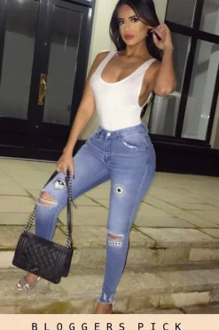 Rebellious Fashion Light Blue Badge Distressed High Waisted Jeans - Leora