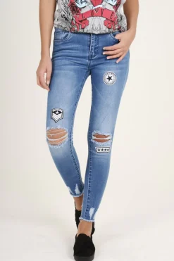 Rebellious Fashion Light Blue Badge Distressed High Waisted Jeans - Leora