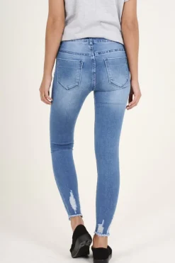 Rebellious Fashion Light Blue Badge Distressed High Waisted Jeans - Leora
