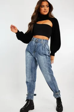 Rebellious Fashion Light Blue Buckle Ankle Balloon Fit Jeans - Nicole