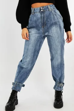 Rebellious Fashion Light Blue Buckle Ankle Balloon Fit Jeans - Nicole