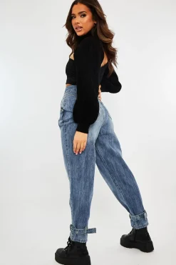 Rebellious Fashion Light Blue Buckle Ankle Balloon Fit Jeans - Nicole