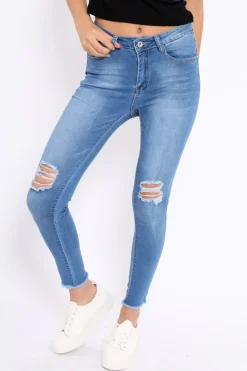Rebellious Fashion Light Blue Bust Knee Denim Jeans - Freddie