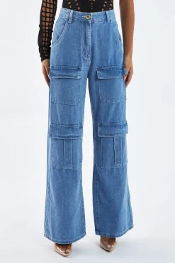 Rebellious Fashion Light Blue Cargo Pocket Straight Leg Jeans - Mylah