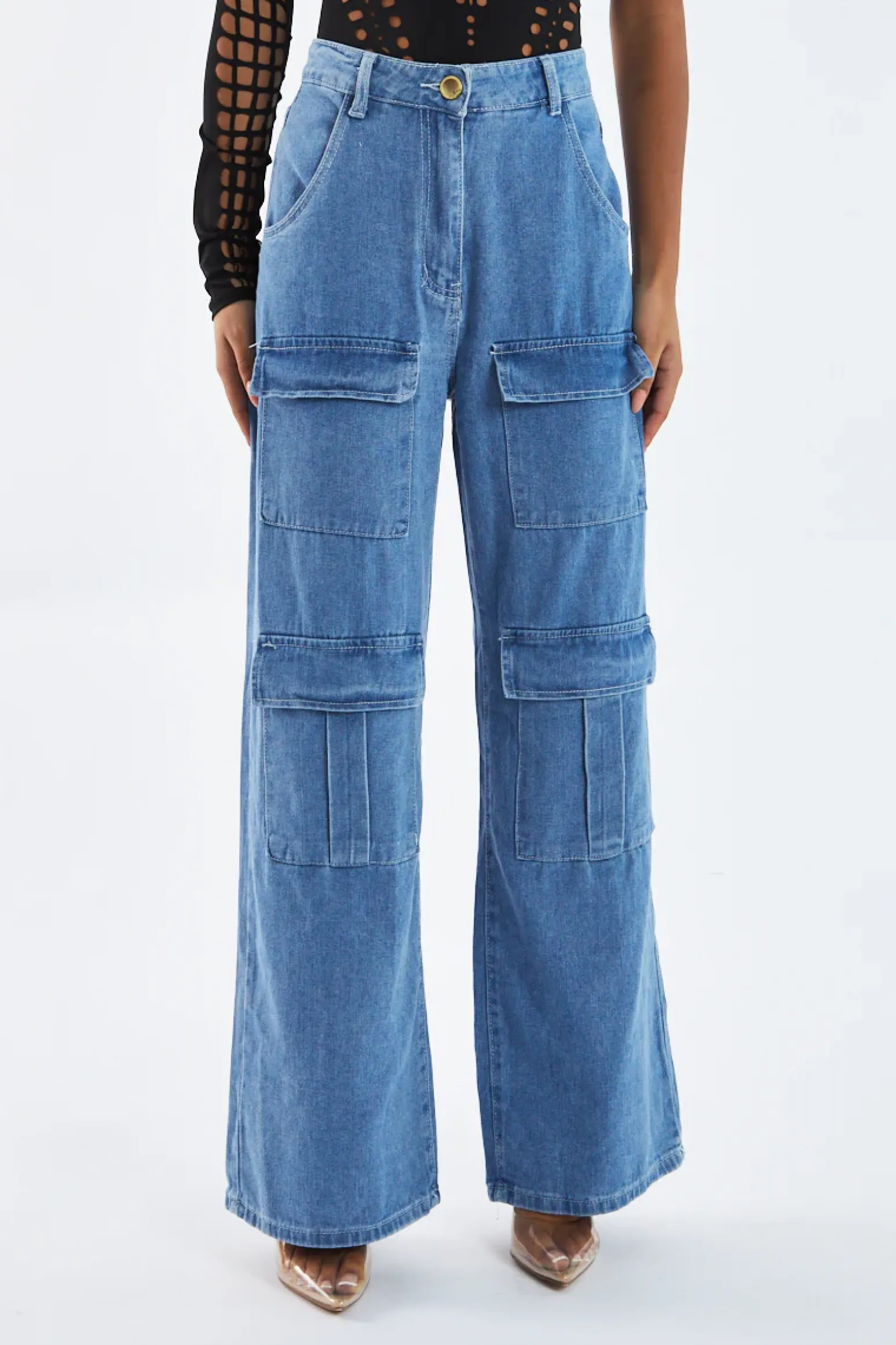 Rebellious Fashion Light Blue Cargo Pocket Straight Leg Jeans - Mylah