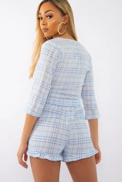 Rebellious Fashion Light Blue Checked Crop Top and Frill Shorts - Vesa