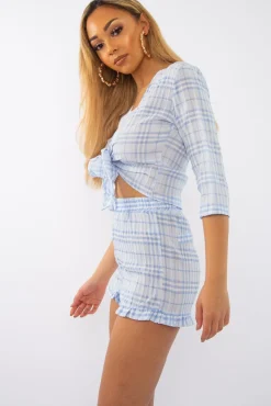 Rebellious Fashion Light Blue Checked Crop Top and Frill Shorts - Vesa