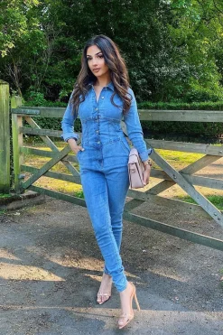 Rebellious Fashion Light Blue Corset Waist Denim Jumpsuit - Posie