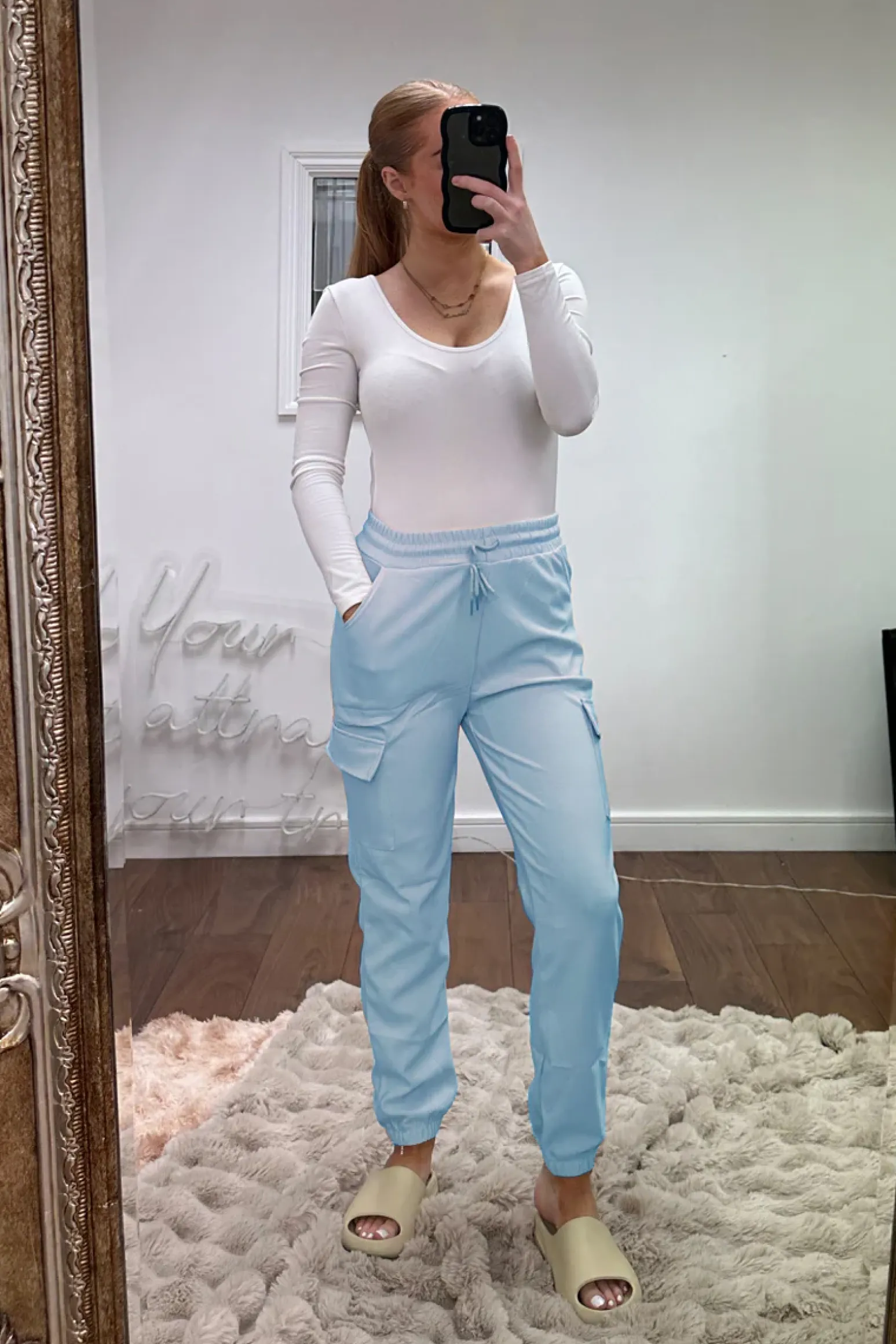 Rebellious Fashion Light Blue Cuffed Hem Cargo Trousers - Rain