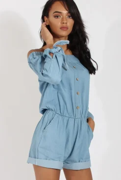 Rebellious Fashion Light Blue Denim Bardot Denim Playsuit - Angelica