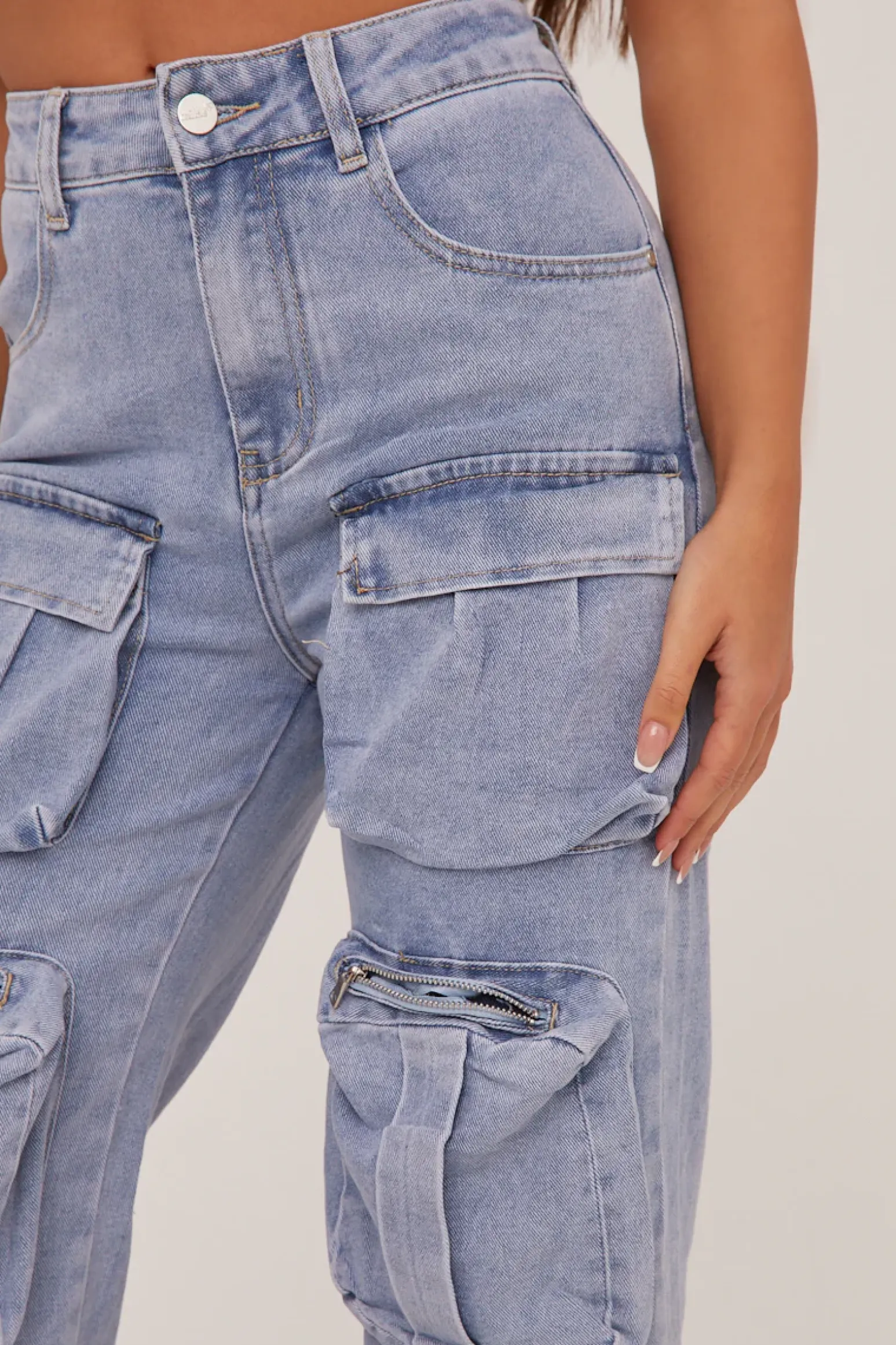 Rebellious Fashion Light Blue Denim Cargo Trousers - Daisy