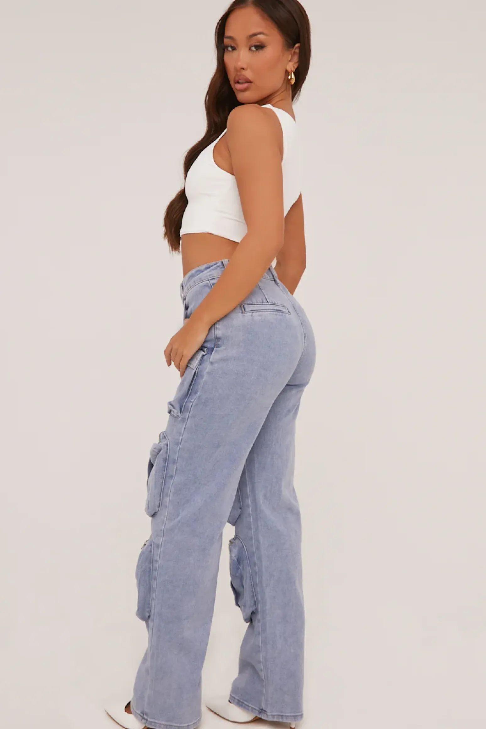 Rebellious Fashion Light Blue Denim Cargo Trousers - Daisy