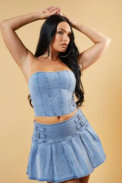 Rebellious Fashion Light Blue Denim Corset Top & Pleated Mini Skirt Co-ord Set - Roza