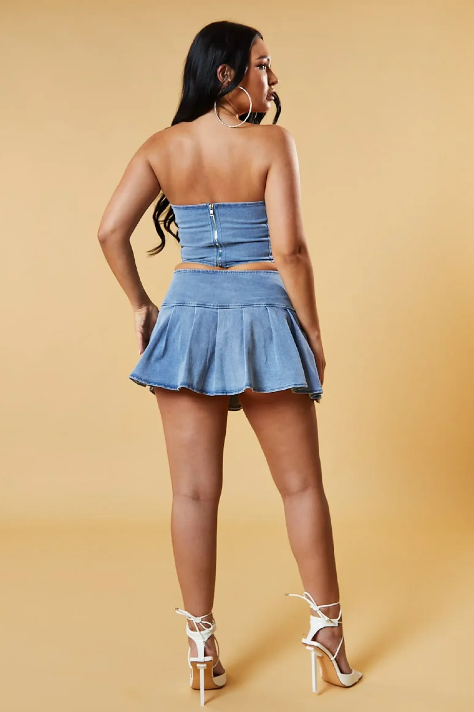 Rebellious Fashion Light Blue Denim Corset Top & Pleated Mini Skirt Co-ord Set - Roza