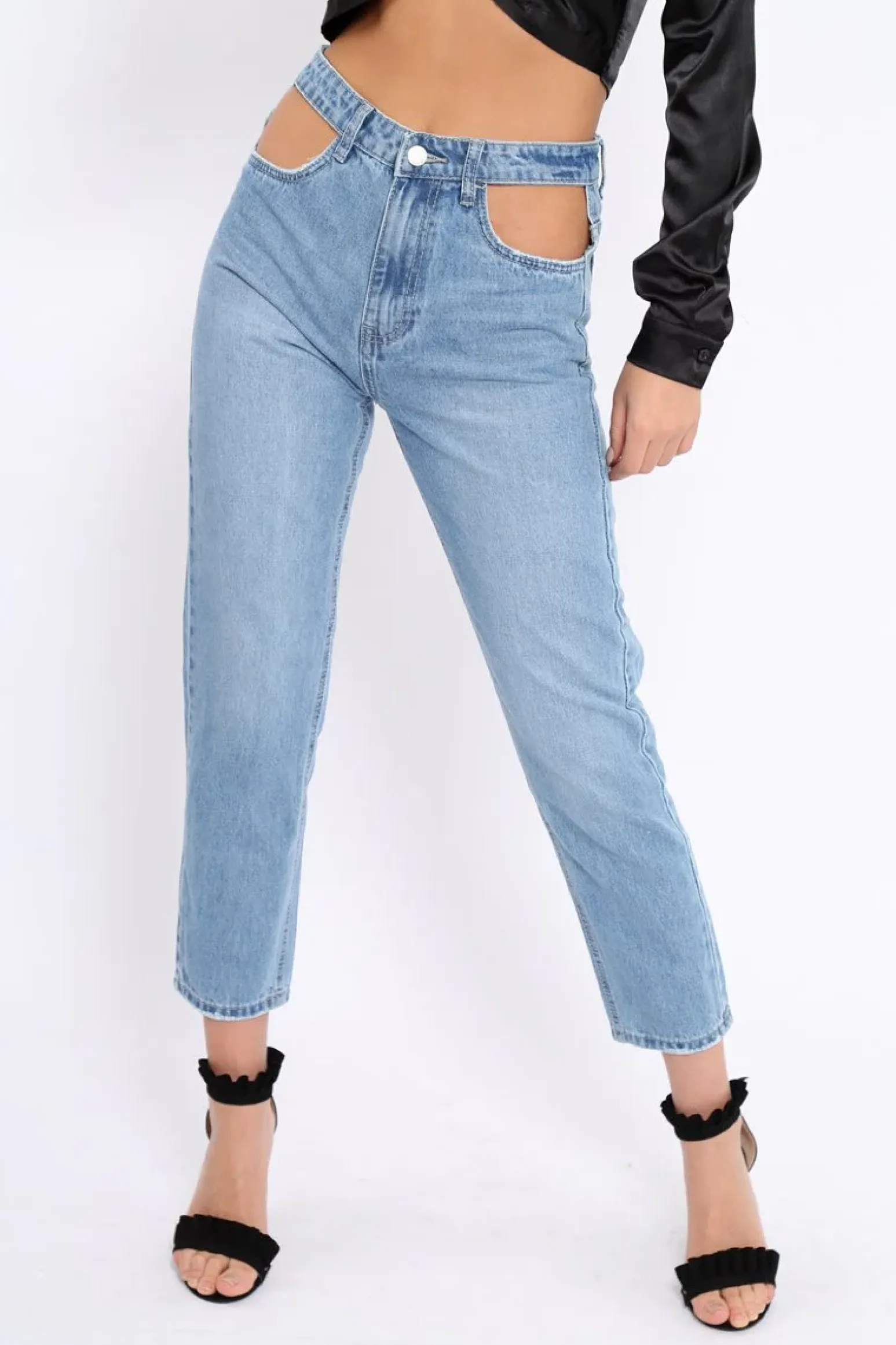 Rebellious Fashion Light Blue Denim Cut Out Pocket Boyfriend Jeans - Jaime