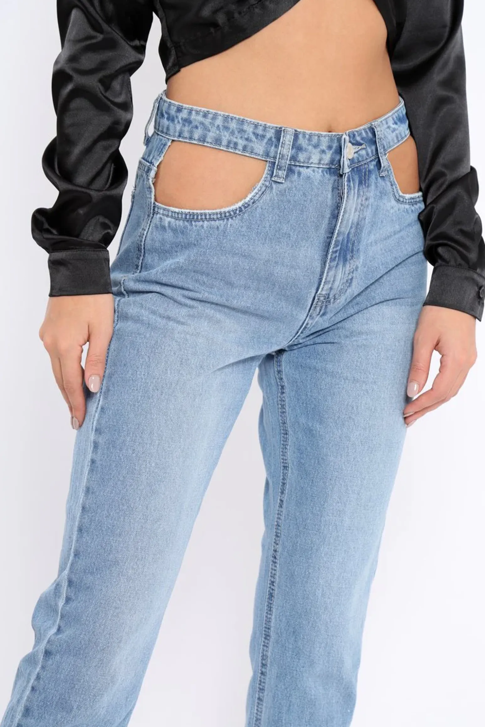 Rebellious Fashion Light Blue Denim Cut Out Pocket Boyfriend Jeans - Jaime
