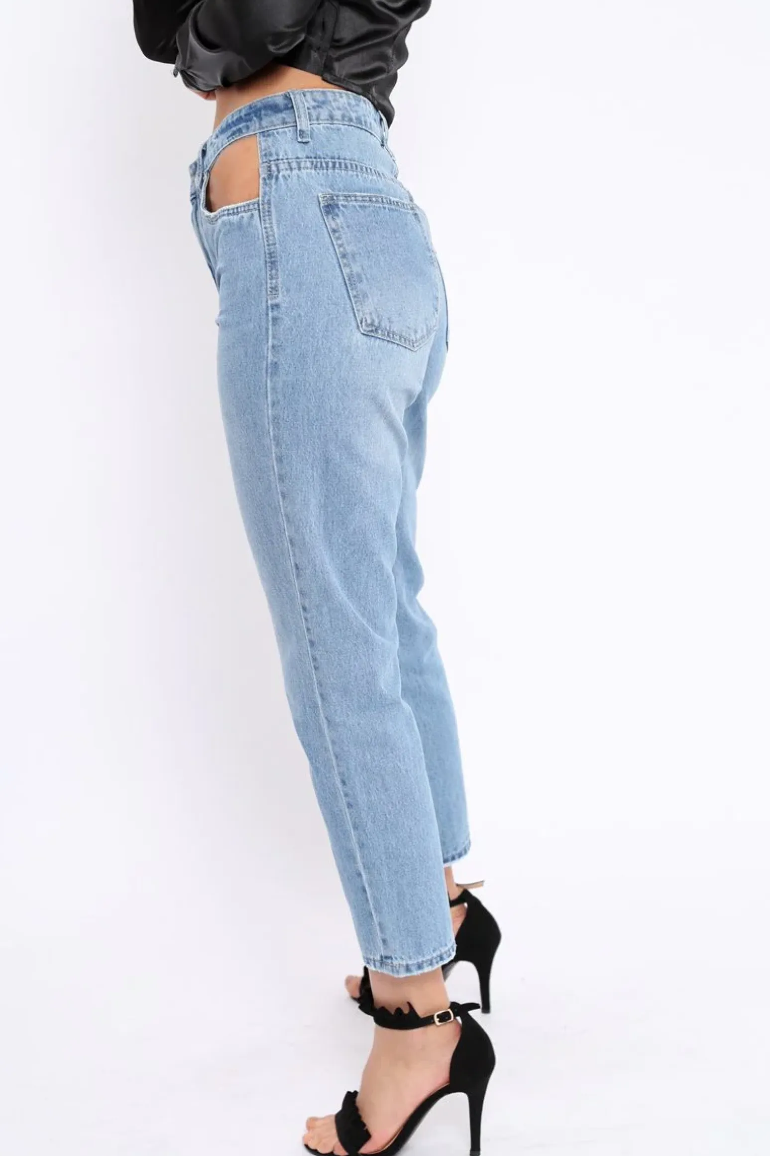 Rebellious Fashion Light Blue Denim Cut Out Pocket Boyfriend Jeans - Jaime