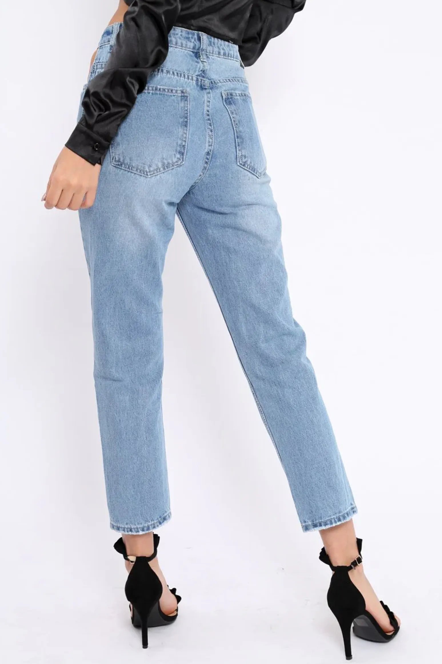 Rebellious Fashion Light Blue Denim Cut Out Pocket Boyfriend Jeans - Jaime